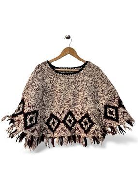 Handmade Chunky Knit Fringe Poncho Southwest Diamond One Size